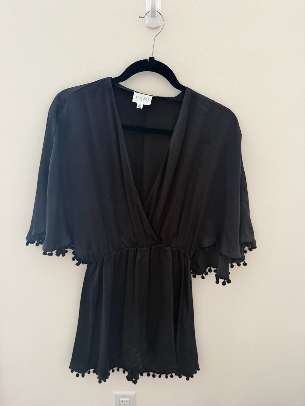 Cami NYC Dark Brown Surplice Romper with Pom Trim